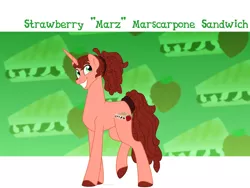 Size: 1600x1200 | Tagged: safe, artist:faith-wolff, derpibooru import, oc, oc:strawberry marscapone sandwich, unofficial characters only, pony, unicorn, colored hooves, cutie mark background, dreadlocks, faithverse, male, next generation, offspring, parent:cheese sandwich, parent:pinkie pie, parents:cheesepie, raised leg, smiling, solo, stallion