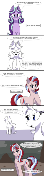 Size: 1200x4735 | Tagged: safe, artist:jase1505, deleted from derpibooru, derpibooru import, starlight glimmer, oc, oc:astrid quartz, oc:cherry quartz, pony, unicorn, comic:spiraling together, alternate hairstyle, alternate universe, comic, sunjackspiral