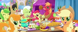 Size: 1920x804 | Tagged: safe, derpibooru import, screencap, apple bloom, apple fritter, applejack, big macintosh, caramel apple, cherry cola, cherry fizzy, golden delicious, granny smith, earth pony, pony, my little pony: the movie, apple, apple family, apple family member, apple juice, apple pie, apple slice, background pony, blueberry, cake, carrot, carrot cake (food), crumbs, cupcake, eating, female, filly, food, fruit punch, grapes, herbivore, juice, licking, licking lips, male, mare, one eye closed, pie, pineapple, pudding, puffy cheeks, punch (drink), punch bowl, sandwich, shishkebab, stallion, tongue out, we got this together, wink