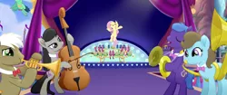 Size: 1920x804 | Tagged: safe, derpibooru import, screencap, beauty brass, fluttershy, frederic horseshoepin, octavia melody, parish nandermane, bird, earth pony, parrot, pegasus, pony, my little pony: the movie, cello, cymbals, flying, musical instrument, singing, songbird, sousaphone, stage, trumpet, tuba, we got this together