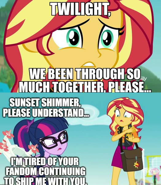 Size: 1788x2048 | Tagged: safe, derpibooru import, fluttershy, sci-twi, sunset shimmer, twilight sparkle, equestria girls, equestria girls series, forgotten friendship, anti-shipping, clothes, image macro, impact font, meme, mouthpiece, selfie drone, shipping denied, shipping war, swimsuit