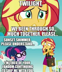 Size: 1788x2048 | Tagged: safe, derpibooru import, fluttershy, sci-twi, sunset shimmer, twilight sparkle, equestria girls, equestria girls series, forgotten friendship, anti-shipping, clothes, image macro, impact font, meme, mouthpiece, selfie drone, shipping denied, shipping war, swimsuit