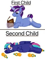 Size: 1537x2013 | Tagged: safe, artist:kindheart525, derpibooru import, oc, oc:dusk star, oc:firework, unofficial characters only, pegasus, pony, unicorn, kindverse, offspring, parent:flash sentry, parent:rainbow dash, parent:silver script, parent:soarin', parent:twilight sparkle, parents:flashlight, parents:soarindash, parents:twiscript, pregnant, rule 63, simple background, text, white background