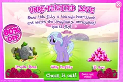 Size: 1084x720 | Tagged: safe, derpibooru import, official, fond feather, pony, hard to say anything, advertisement, costs real money, crack is cheaper, female, gameloft, gem, giddy fanfilly, greed, greedloft, mare, sale, solo