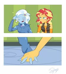 Size: 4897x5485 | Tagged: safe, artist:noahther, derpibooru import, sunset shimmer, trixie, human, equestria girls, absurd resolution, blushing, clothes, embarrassed, eyes closed, female, hairpin, holding hands, hoodie, image, lesbian, looking at each other, looking at someone, open mouth, png, shipping, smiling, suntrix