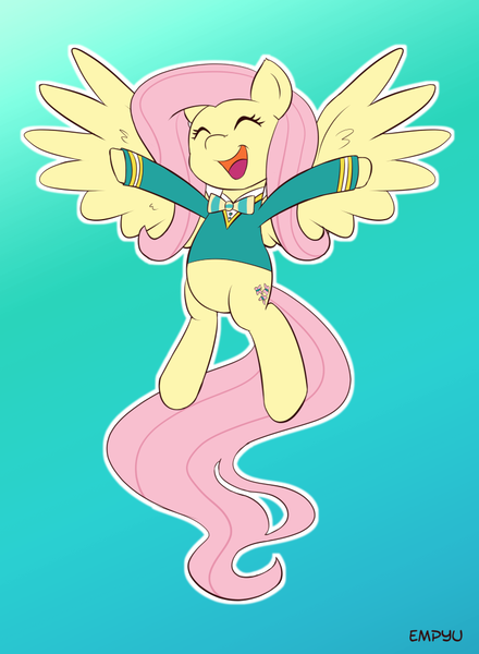 Size: 733x1000 | Tagged: safe, artist:empyu, derpibooru import, fluttershy, pegasus, pony, filli vanilli, eyes closed, female, gradient background, happy, mare, ponytones outfit, singing, solo, spread wings, wings