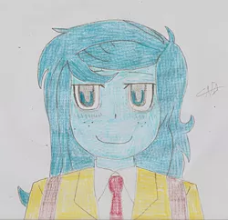 Size: 1666x1615 | Tagged: safe, artist:cafakero, derpibooru import, wallflower blush, equestria girls, equestria girls series, forgotten friendship, backpack, bust, female, looking at you, necktie, parody, signature, simple background, tomoko kuroki, traditional art, watamote, white background