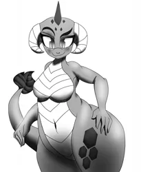 Size: 1049x1280 | Tagged: anthro, artist:ahobobo, belly button, black and white, breasts, busty princess ember, claws, derpibooru import, dragon, dragoness, dragon wings, extra thicc, fat, featureless breasts, female, grayscale, hand on hip, horns, looking down, monochrome, princess ember, simple background, solo, solo female, suggestive, thunder thighs, white background, wings