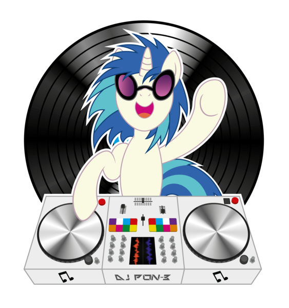 Size: 2480x2642 | Tagged: safe, artist:up-world, derpibooru import, vinyl scratch, pony, unicorn, bipedal, cutie mark, female, glasses, hooves, horn, mare, mixing console, open mouth, raised hoof, simple background, solo, sunglasses, transparent background, turntable, vector