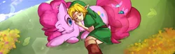 Size: 2039x634 | Tagged: safe, artist:hosikawa, derpibooru import, pinkie pie, earth pony, parasprite, pony, duo, female, link, male, mare, nintendo, sleeping, the legend of zelda