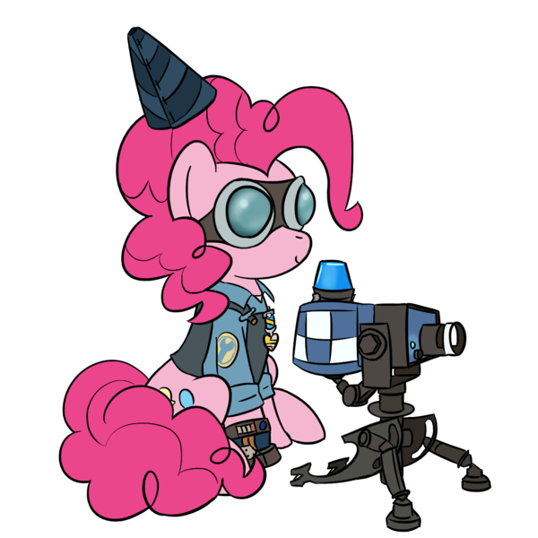 Size: 1280x1280 | Tagged: safe, artist:phat_guy, derpibooru import, pinkie pie, pony, badge, clothes, crossover, engie pie, engineer, female, goggles, gun, gunslinger (tf2), hat, machine, mare, medal, mini-sentry gun, overalls, party hat, pyrovision goggles, sentry, sentry gun, shirt, simple background, sitting, smiling, solo, team fortress 2, transparent background, vest, video game, weapon