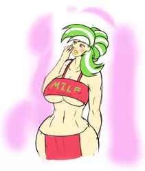 Size: 712x842 | Tagged: apple leaves, artist:annon, belly button, big breasts, bimbo, blushing, breasts, busty apple leaves, cleavage, curvy, derpibooru import, eyeshadow, female, green hair, hourglass figure, human, humanized, lipstick, loincloth, makeup, milf, multicolored hair, ring, solo, solo female, suggestive, wide hips