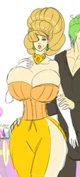 Size: 384x846 | Tagged: apple family reunion, artist:annon, aunt orange, big breasts, bimbo, breasts, busty aunt orange, cleavage, derpibooru import, female, female focus, hair over one eye, huge breasts, human, humanized, milf, side slit, simple background, solo focus, suggestive, white background