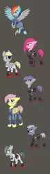 Size: 560x1906 | Tagged: safe, artist:celestial-rainstorm, derpibooru import, derpy hooves, limestone pie, marble pie, maud pie, pinkie pie, rainbow dash, earth pony, pegasus, pony, alternate timeline, amputee, apinkalypse pie, apocalypse dash, apocalypse fluttershy, apocalypse maud, augmented, crystal war timeline, epic derpy, eyepatch, gray background, pie sisters, pinkamena diane pie, prosthetic limb, prosthetic wing, prosthetics, scar, siblings, simple background, sisters, torn ear