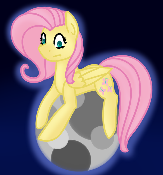 Size: 1115x1200 | Tagged: safe, artist:azure-quill, derpibooru import, fluttershy, pegasus, pony, moon, pony bigger than a planet, solo, tangible heavenly object