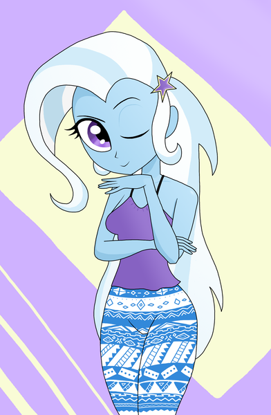 Size: 1836x2810 | Tagged: safe, artist:iyoungsavage, derpibooru import, trixie, equestria girls, abstract background, clothes, leggings, looking at you, one eye closed, solo, wink