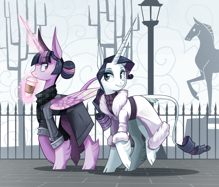 Size: 1859x1589 | Tagged: safe, artist:frogbians, derpibooru import, rarity, twilight sparkle, twilight sparkle (alicorn), alicorn, classical unicorn, horse, pony, unicorn, alternate hairstyle, city, clothes, cloven hooves, coffee, coffee cup, cup, drink, duo, female, fence, hair bun, impossibly large ears, impossibly large horn, lamppost, leonine tail, lesbian, magic, mare, rarilight, shipping, statue, streetlight, telekinesis, unshorn fetlocks