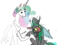Size: 1148x858 | Tagged: safe, artist:alumx, derpibooru import, princess celestia, queen chrysalis, alicorn, changeling, changeling queen, pony, adorasexy, adorkable, blushing, blushing profusely, chryslestia, clop, cute, cutealis, cutelestia, derp, dork, dorkalis, female, holding hooves, horn, lesbian, lewd, nervous, onomatopoeia, question mark, sexy, shaking, shipping, simple background, sweat, white background, wings