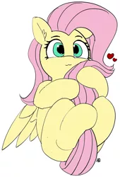 Size: 1065x1569 | Tagged: safe, artist:pabbley, color edit, derpibooru import, edit, fluttershy, pegasus, pony, :3, colored, cute, daaaaaaaaaaaw, female, heart, holding tail, hug, mare, on back, shyabetes, simple background, solo, tail hug, white background, wings