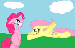 Size: 1024x657 | Tagged: artist:htf-adti-mlp100606, bipedal, crying, derpibooru import, fight, fluttershy, pinkie pie, semi-grimdark, smile hd