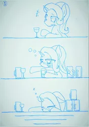 Size: 2888x4095 | Tagged: safe, artist:zemlya, derpibooru import, starlight glimmer, pony, unicorn, alcohol, comic, drinking, drunk, drunklight glimmer, female, mare, sleeping, traditional art, zzz