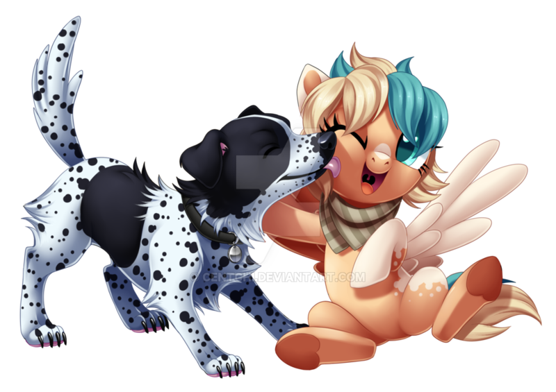 Size: 1024x723 | Tagged: safe, artist:centchi, derpibooru import, oc, oc:sun light, dog, pegasus, pony, female, licking, mare, one eye closed, simple background, solo, tongue out, transparent background, watermark