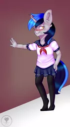 Size: 2012x3626 | Tagged: anthro, artist:singeryanne, clothes, commission, crossdressing, derpibooru import, flats, male, oc, oc:cappie, pantyhose, plantigrade anthro, pleated skirt, safe, sailor uniform, scarf, school uniform, shoes, skirt, socks, solo, stockings, thigh highs, uniform, unofficial characters only