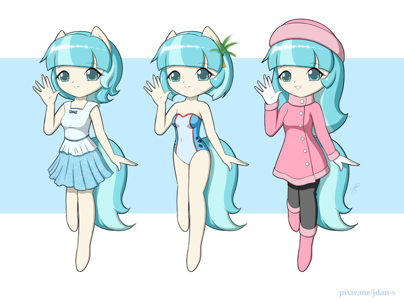 Size: 1600x1200 | Tagged: alternate hairstyle, anthro, artist:jdan-s, clothes, cocobetes, coco pommel, cute, derpibooru import, dress, hairpin, hat, long hair, looking at you, one-piece swimsuit, part of a set, pixiv, safe, skirt, smiling, swimsuit, winter outfit