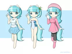 Size: 1600x1200 | Tagged: alternate hairstyle, anthro, artist:jdan-s, clothes, cocobetes, coco pommel, cute, derpibooru import, dress, hairpin, hat, long hair, looking at you, one-piece swimsuit, part of a set, pixiv, safe, skirt, smiling, swimsuit, winter outfit