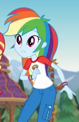 Size: 321x494 | Tagged: safe, derpibooru import, screencap, rainbow dash, sunset shimmer, equestria girls, legend of everfree, camp everfree outfits, cropped, solo