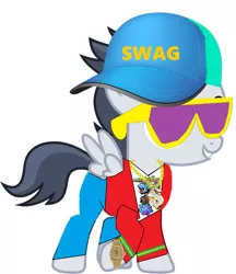 Size: 3120x3608 | Tagged: safe, artist:frownfactory, artist:jawsandgumballfan24, derpibooru import, edit, rumble, pegasus, pony, baseball cap, bling, cap, clothes, colt, gold chains, graffiti, hat, jacket, male, pants, rapper, shirt, simple background, solo, sunglasses, swag, watch, white background