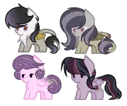 Size: 429x361 | Tagged: safe, artist:marielle5breda, derpibooru import, oc, oc:music strings, oc:purple note, oc:sound heart, oc:twily, unofficial characters only, hippogriff, pegasus, pony, chibi, female, interspecies offspring, magical lesbian spawn, offspring, parent:gilda, parent:octavia melody, parent:princess flurry heart, parent:twilight sparkle, parents:flurrytavia, parents:giltavia, parents:twitavia, simple background, transparent background