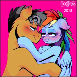 Size: 1980x1993 | Tagged: safe, artist:dragonfoxgirl, derpibooru import, quibble pants, rainbow dash, earth pony, pegasus, pony, 2018, bedroom eyes, blushing, chromatic aberration, female, looking at each other, male, mare, quibbledash, shipping, simple background, stallion, straight