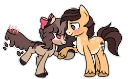 Size: 1969x1210 | Tagged: safe, artist:chococakebabe, derpibooru import, oc, oc:choco cake delight, oc:fun fudge sundae, unofficial characters only, earth pony, pony, augmented tail, female, male, mare, oc x oc, shipping, simple background, stallion, straight, transparent background