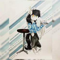 Size: 1440x1440 | Tagged: safe, artist:scootiegp, derpibooru import, oc, unofficial characters only, pegasus, pony, apron, clothes, glass, holding, looking at you, male, plate, shirt, signature, simple background, smiling, solo, spread wings, stallion, table, traditional art, water, wings, wood, zoom layer
