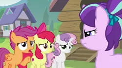 Size: 1279x718 | Tagged: safe, artist:bubblestormx, derpibooru import, edit, edited screencap, editor:slayerbvc, screencap, apple bloom, scootaloo, starlight glimmer, sweetie belle, earth pony, pegasus, pony, unicorn, marks and recreation, camp friendship, cutie mark crusaders, fake screencap, female, filly, filly starlight glimmer, younger