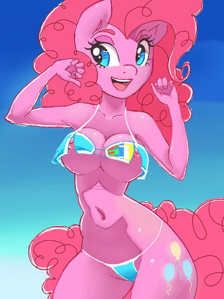 Size: 960x1280 | Tagged: questionable, artist:oughta, derpibooru import, pinkie pie, anthro, earth pony, abstract background, belly button, bikini, breasts, clothes, female, mare, nipples, nudity, open mouth, solo, solo female, swimsuit