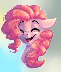 Size: 1024x1210 | Tagged: dead source, safe, artist:freckleplant, derpibooru import, part of a set, pinkie pie, earth pony, pony, abstract background, bust, commission, cute, diapinkes, eyes closed, female, floppy ears, mare, open mouth, portrait, smiling, solo