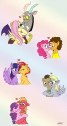 Size: 1024x1906 | Tagged: safe, artist:snowstoat, derpibooru import, big macintosh, cheese sandwich, derpy hooves, discord, doctor whooves, fluttershy, pinkie pie, sugar belle, sunset shimmer, time turner, twilight sparkle, twilight sparkle (alicorn), alicorn, boop, cheesepie, cuddling, discoshy, doctorderpy, eyes closed, female, heart, hug, lesbian, looking at each other, male, noseboop, one eye closed, shipping, smiling, straight, sugarmac, sunsetsparkle