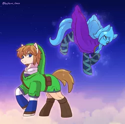 Size: 1378x1363 | Tagged: safe, artist:hosikawa, derpibooru import, ponified, earth pony, pony, boots, cape, clothes, duo, ear piercing, earring, fi, jewelry, link, looking at you, nintendo, piercing, saddle bag, shoes, the legend of zelda, the legend of zelda: skyward sword, tunic