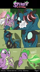 Size: 800x1440 | Tagged: artist:emositecc, artist:titanium-pony, blood, changeling, comic, comic:spike to the rescue, cut, derpibooru import, dialogue, dragon, fire, fire breath, flying, magic, molt down, queen chrysalis, screaming, semi-grimdark, speech bubble, spike, teleportation, what a twist, winged spike