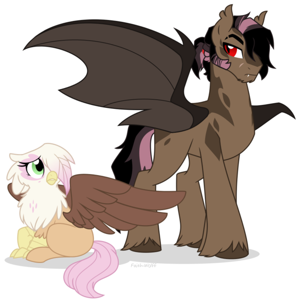 Size: 914x918 | Tagged: safe, artist:faith-wolff, derpibooru import, oc, oc:aerenth, oc:galah rose, unofficial characters only, bat pony, classical hippogriff, hippogriff, hybrid, pony, brother and sister, crouching, duo, female, half-siblings, interspecies offspring, magical lesbian spawn, male, next generation, offspring, parent:fluttershy, parent:gilda, parent:king sombra, parents:gildashy, parents:sombrashy, sideburns, simple background, slit pupils, stallion, transparent background