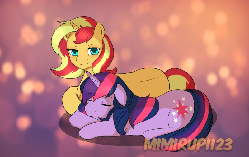 Size: 3328x2100 | Tagged: safe, artist:mimirupi123, derpibooru import, sci-twi, sunset shimmer, twilight sparkle, ponified, pony, cute, cutie mark, equestria girls ponified, female, lesbian, scitwishimmer, shipping, sleeping, smiling, snuggling, sunsetsparkle, twiabetes