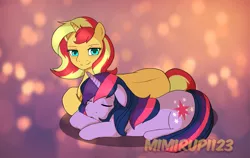 Size: 3328x2100 | Tagged: safe, artist:mimirupi123, derpibooru import, sci-twi, sunset shimmer, twilight sparkle, ponified, pony, cute, cutie mark, equestria girls ponified, female, lesbian, scitwishimmer, shipping, sleeping, smiling, snuggling, sunsetsparkle, twiabetes