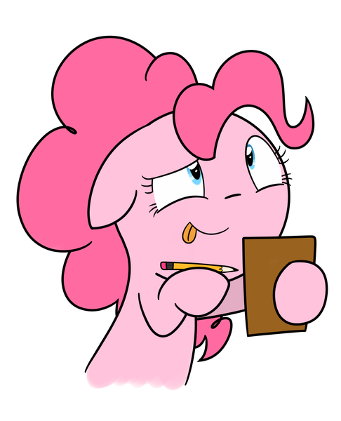 Size: 1000x1234 | Tagged: safe, artist:latie, derpibooru import, pinkie pie, clipboard, pencil, simple background, solo, thinking, tongue out, white background
