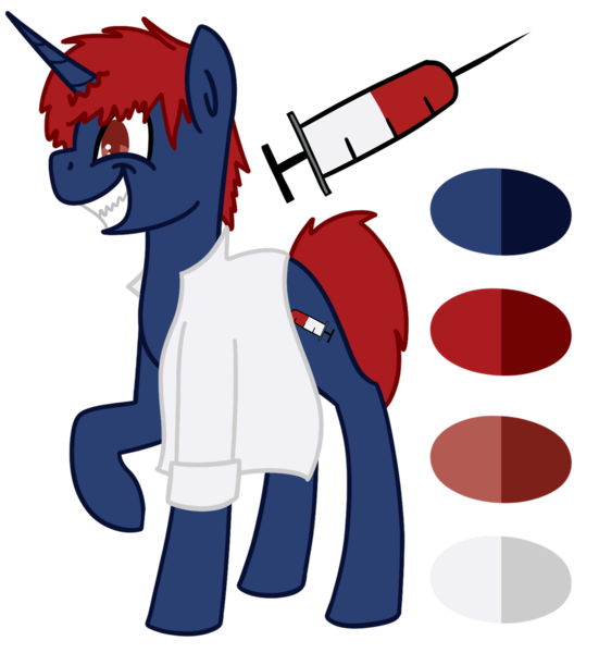 Size: 1280x1395 | Tagged: safe, artist:azure-quill, derpibooru import, oc, oc:potent toxins, unofficial characters only, unicorn, mad scientist, male, reference sheet, scientist, simple background, solo, syringe, transparent background