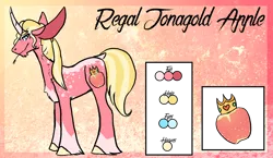 Size: 2232x1296 | Tagged: safe, artist:thebigearredbat, derpibooru import, oc, oc:regal jonagold apple, unofficial characters only, unicorn, big ears, curved horn, magical gay spawn, male, offspring, parent:big macintosh, parent:prince blueblood, parents:bluemac, reference sheet, solo, stallion, straw in mouth, unshorn fetlocks