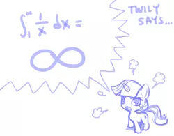 Size: 1014x790 | Tagged: artist needed, safe, alternate version, derpibooru import, twilight sparkle, pony, unicorn, angry, calculus, fancy mathematics, female, filly, glare, index get, infinity symbol, integral, looking at you, math, monochrome, open mouth, simple background, sketch, solo, white background, yelling