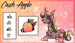 Size: 2232x1296 | Tagged: safe, artist:thebigearredbat, derpibooru import, oc, oc:crush apple, unofficial characters only, classical unicorn, unicorn, big ears, chest fluff, cloven hooves, curved horn, leonine tail, magical gay spawn, male, offspring, parent:big macintosh, parent:king sombra, parents:sombratosh, reference sheet, solo, stallion, unshorn fetlocks