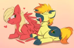 Size: 1244x809 | Tagged: safe, artist:marsminer, derpibooru import, oc, oc:melodis, oc:yaktan, unofficial characters only, earth pony, pegasus, pony, eyes closed, female, floating heart, gradient background, heart, male, melotan, preening, prone, side, smiling